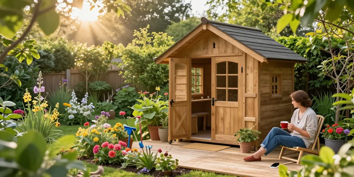 Gartenhaus Holz inmitten eines schönen Gartens, umgeben von Blumen und Bäumen, entspannende Atmosphäre.