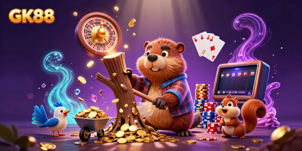 Play engaging slot games with GK88 featuring golden coins raining down and vibrant game elements.