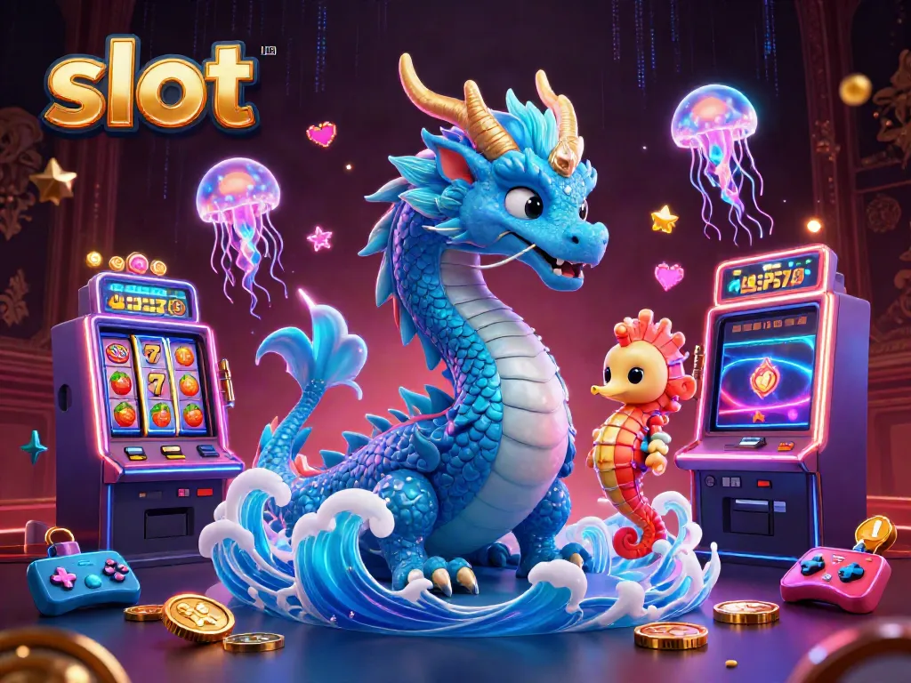 Experience thrilling slot action with a magical dragon, seahorse knight, and neon jellyfish
