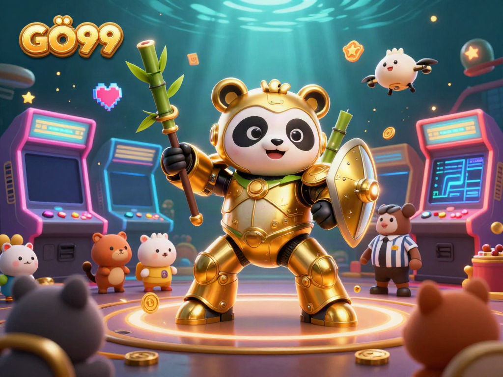 Experience the excitement of GÔ99 with a vibrant 3D scene featuring a mech-suit panda engaging in thrilling arcade gambling.