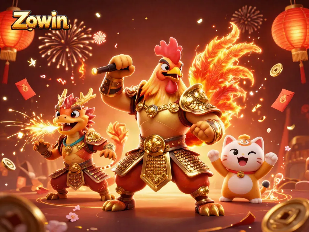 Zowin engages players with a lively scene, showcasing dynamic casino elements and vibrant characters.