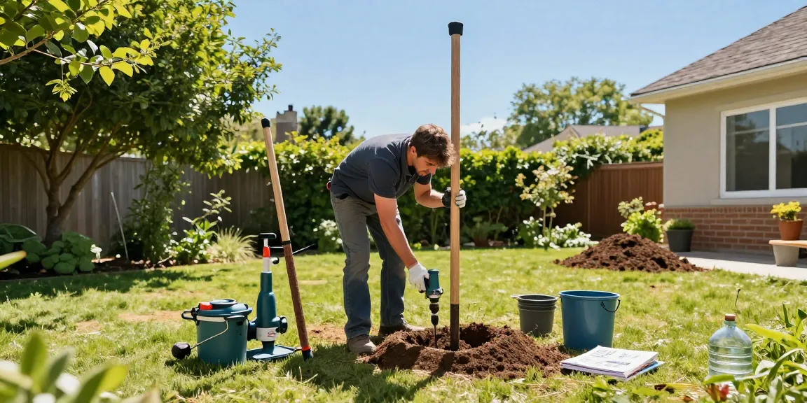 Brunnenbohren im Garten: Professioneller Brunnenbohrer mit Werkzeugen in einer grünen Umgebung
