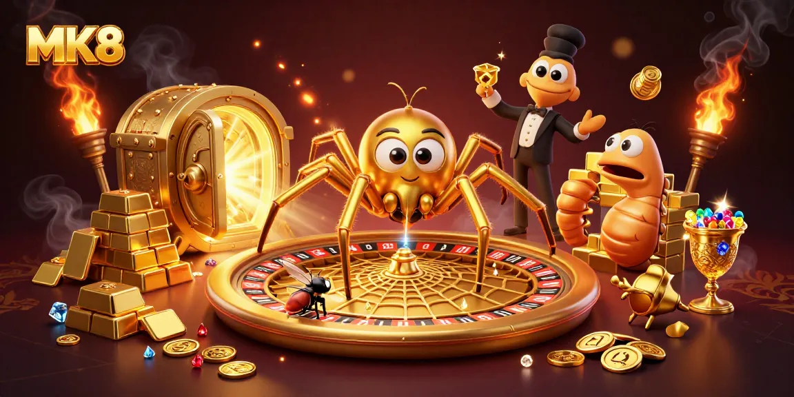 MK8 spider spinning roulette web as fly bets in a vibrant casino scene with gems and gold.