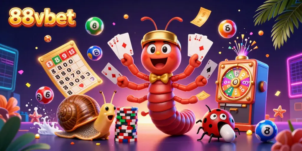 Experience the thrill of 88vbet with a vibrant 3D casino scene showcasing lively characters and dynamic game elements.