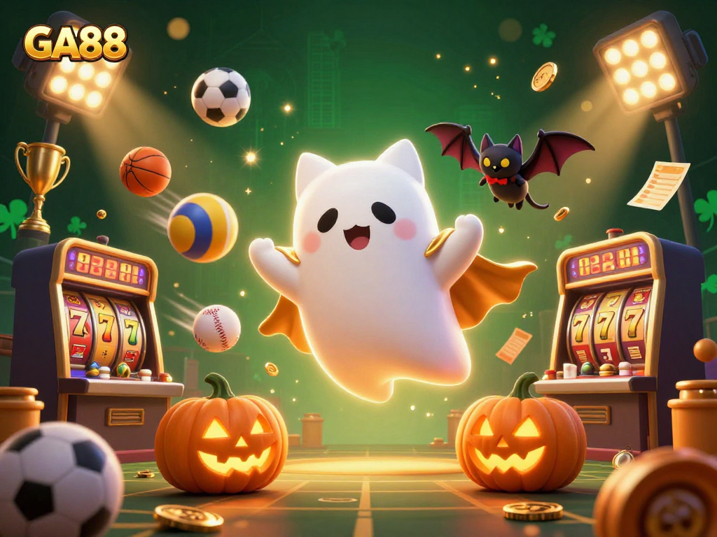 Play exciting games with GA88 in a vibrant casino scene featuring lively characters and sparkling effects.