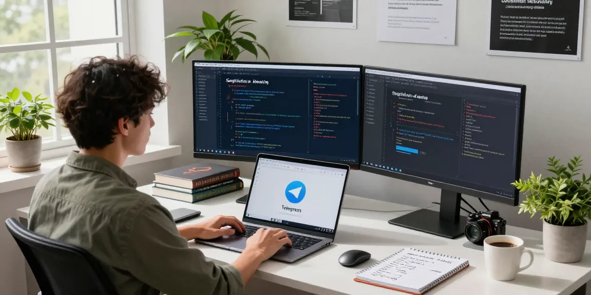Configuring Telegram中文 settings in a modern tech workspace with coding elements.