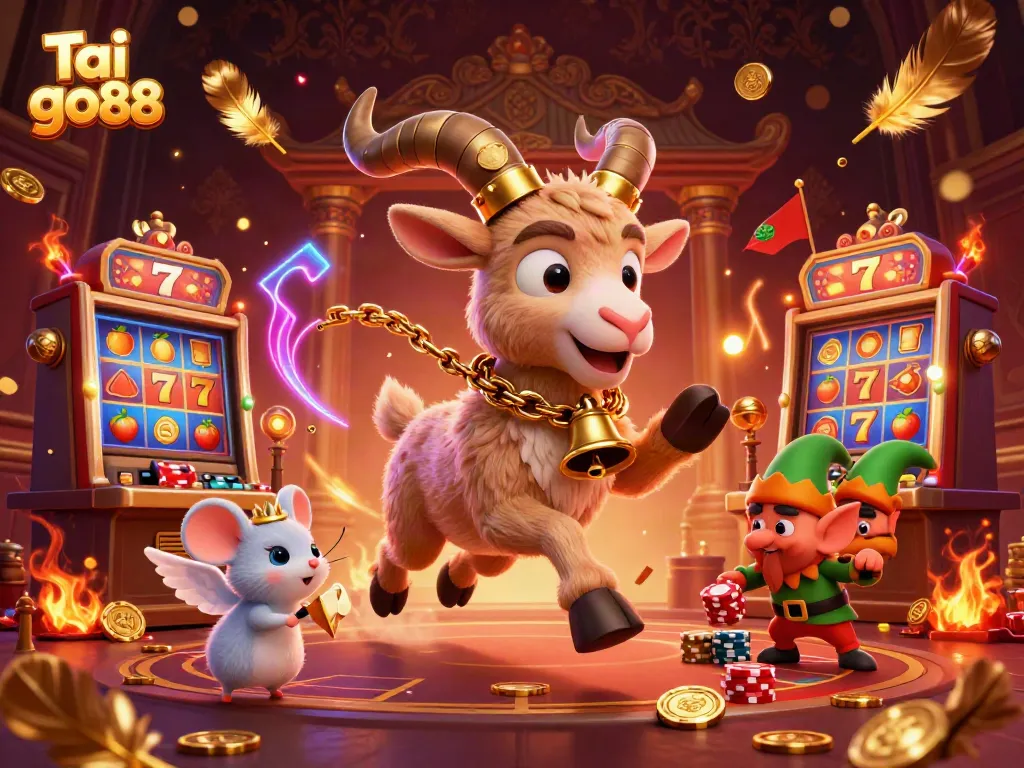 Experience Tai go88's vibrant casino scene with Krampus, angel mouse, and mischievous gremlins amidst engaging slot machines.