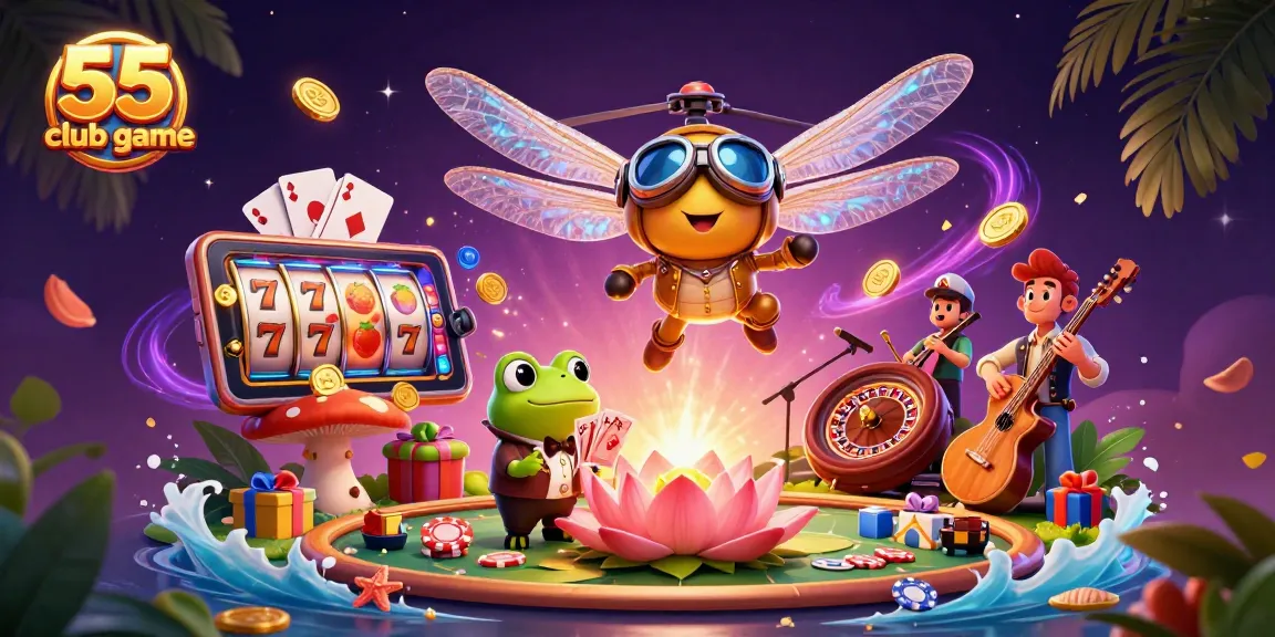 The vibrant scene of the 55 club game showcases a dragonfly pilot, a frog croupier, and jazz cricket musicians in immersive 3D detail.