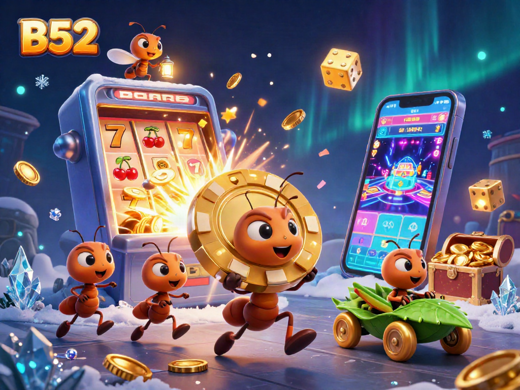 Experience thrilling wins with B52 casino heist featuring dynamic slot machine action and golden poker chip excitement.