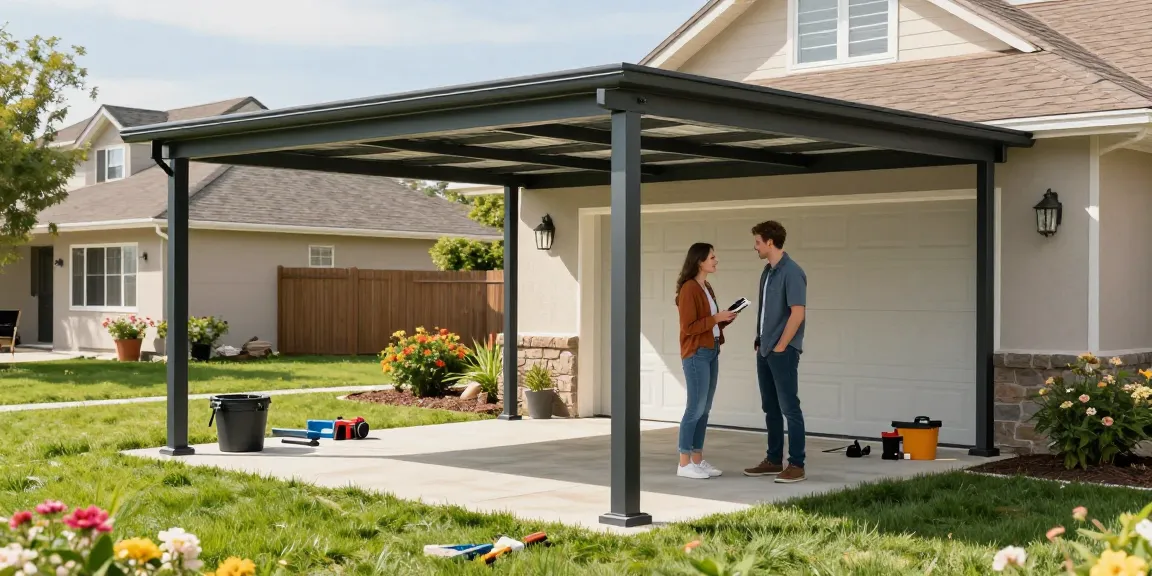 Moderne Carport-Struktur in einem sonnigen Vorort, begleitet von einem Paar, das die Installation überprüft.