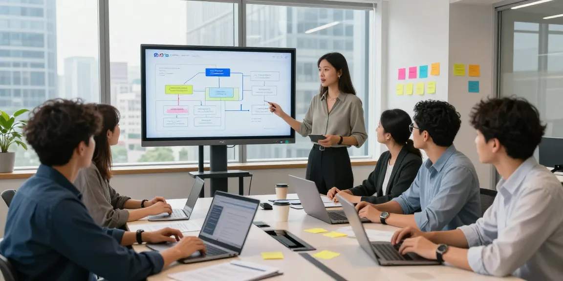 Build internal tools with AI - team collaborating in modern office discussing software strategies with laptops and visual aids.