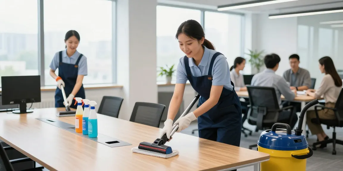 Büroreinigung Göttingen durch professionelles Reinigungsteam in hellem Büro mit engagierten Mitarbeitern.