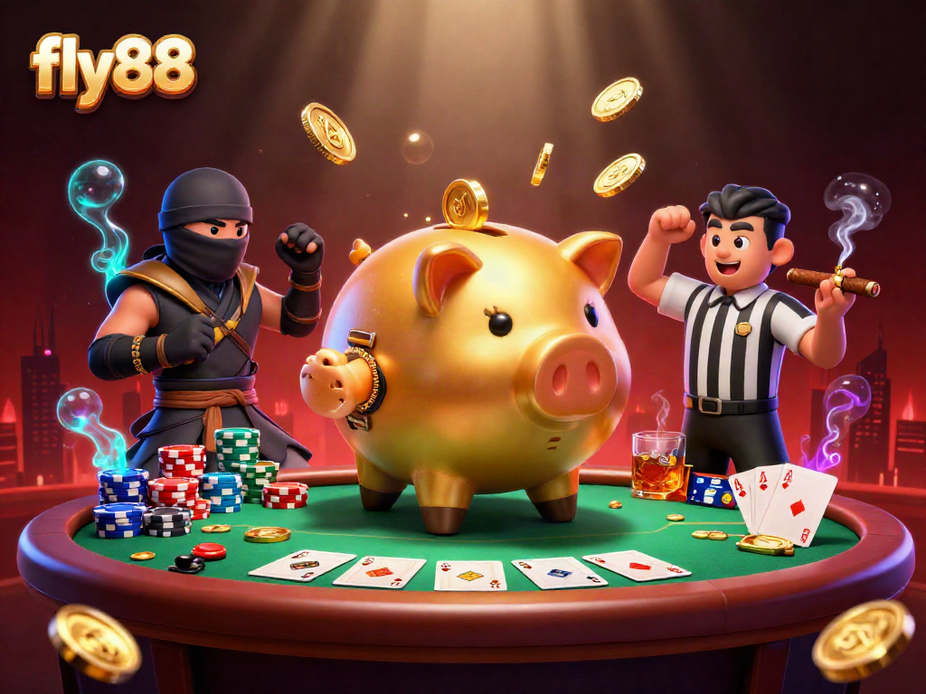 Experience intense gaming action with fly88's vibrant casino scene, featuring a sumo wrestler and ninja.