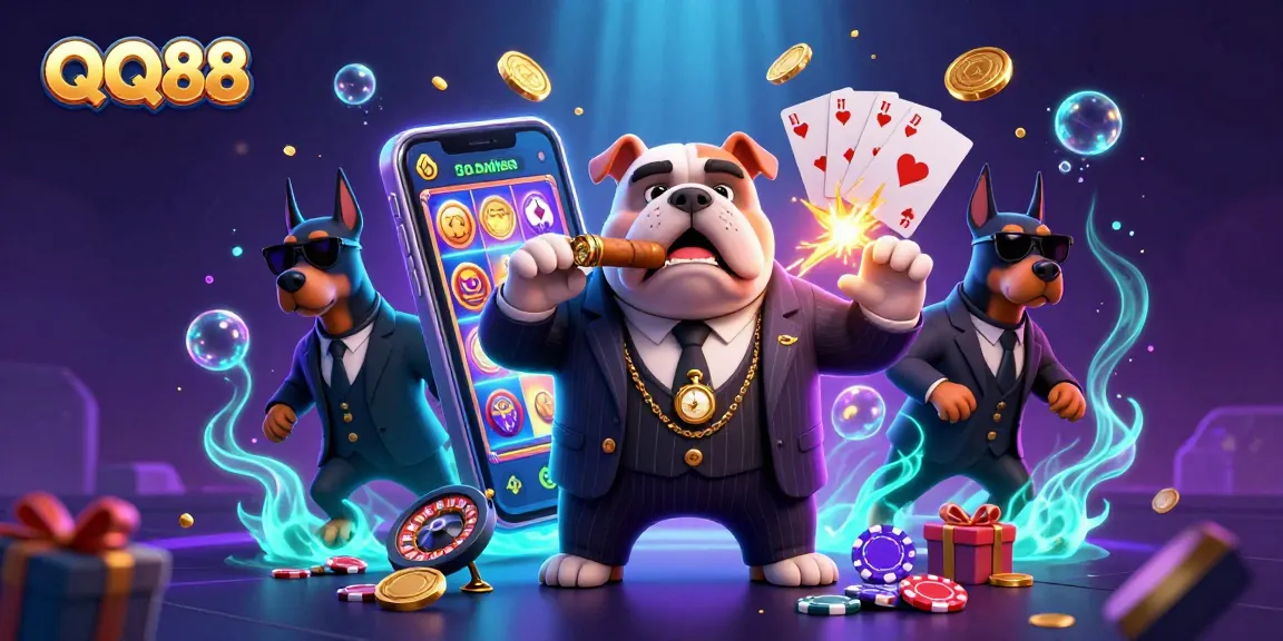 Experience the thrill at QQ88 with a vibrant scene of a cartoon mafia bulldog and Doberman bodyguards, featuring exciting casino elements.