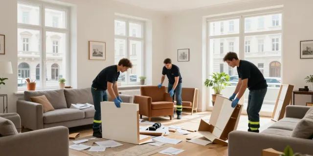 Professionelles Team bei der Hausräumung Wien mit Möbeln und Verpackungsmaterial im hellen Wohnzimmer.