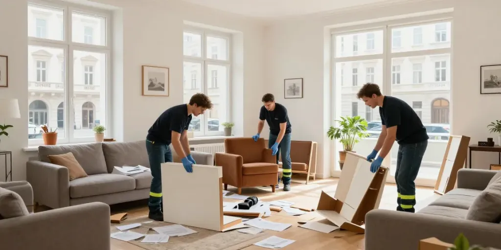 Professionelles Team bei der Hausräumung Wien mit Möbeln und Verpackungsmaterial im hellen Wohnzimmer.
