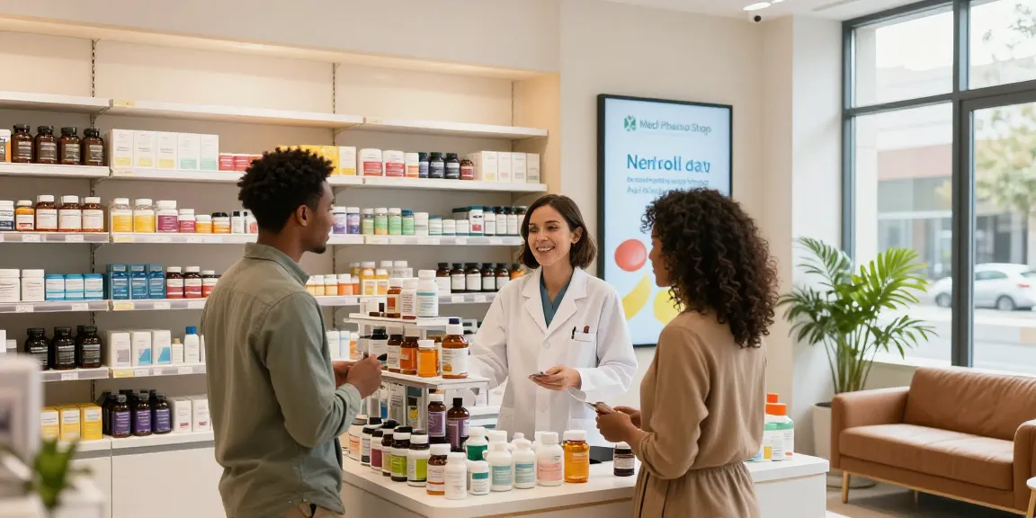 Inspirierender Besuch im Medi Pharma Shop mit Kunden, die Gesundheitsprodukte in einer modernen Apotheke erkunden.