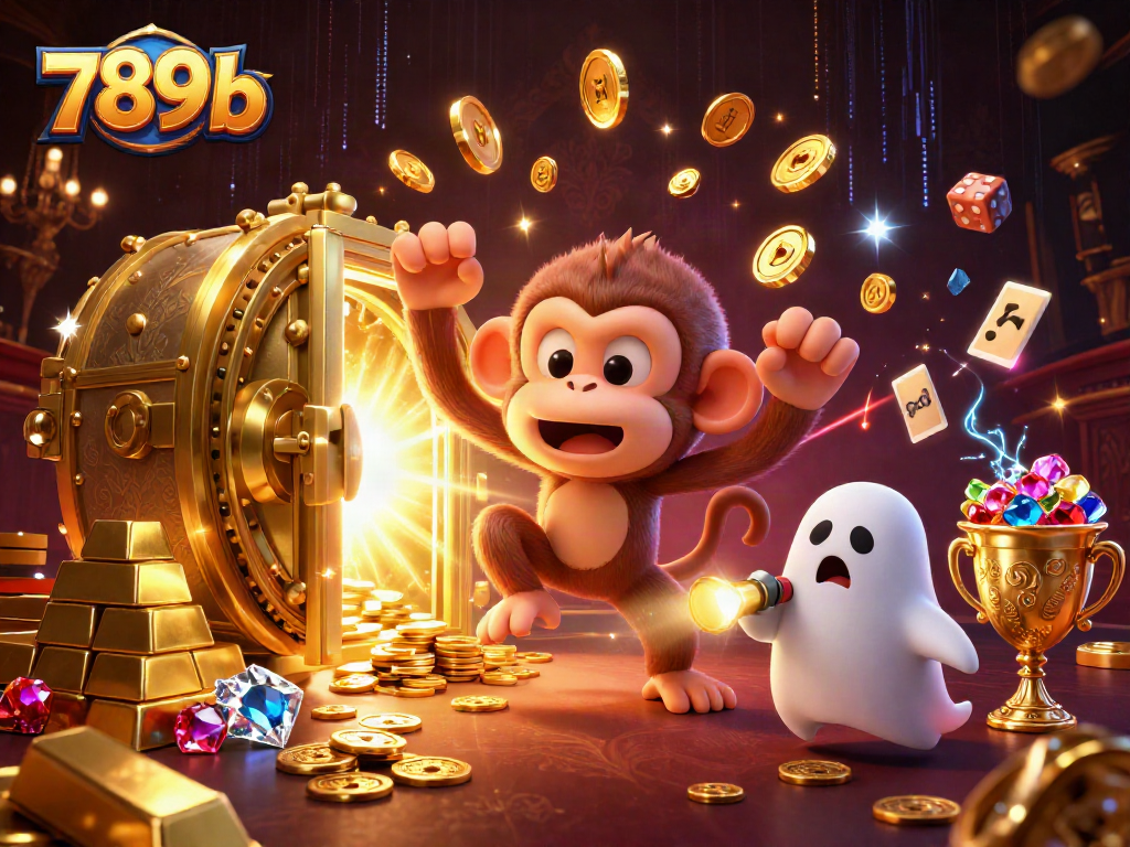 Experience 789b with a poltergeist monkey juggling golden treasures in a haunted casino scene.