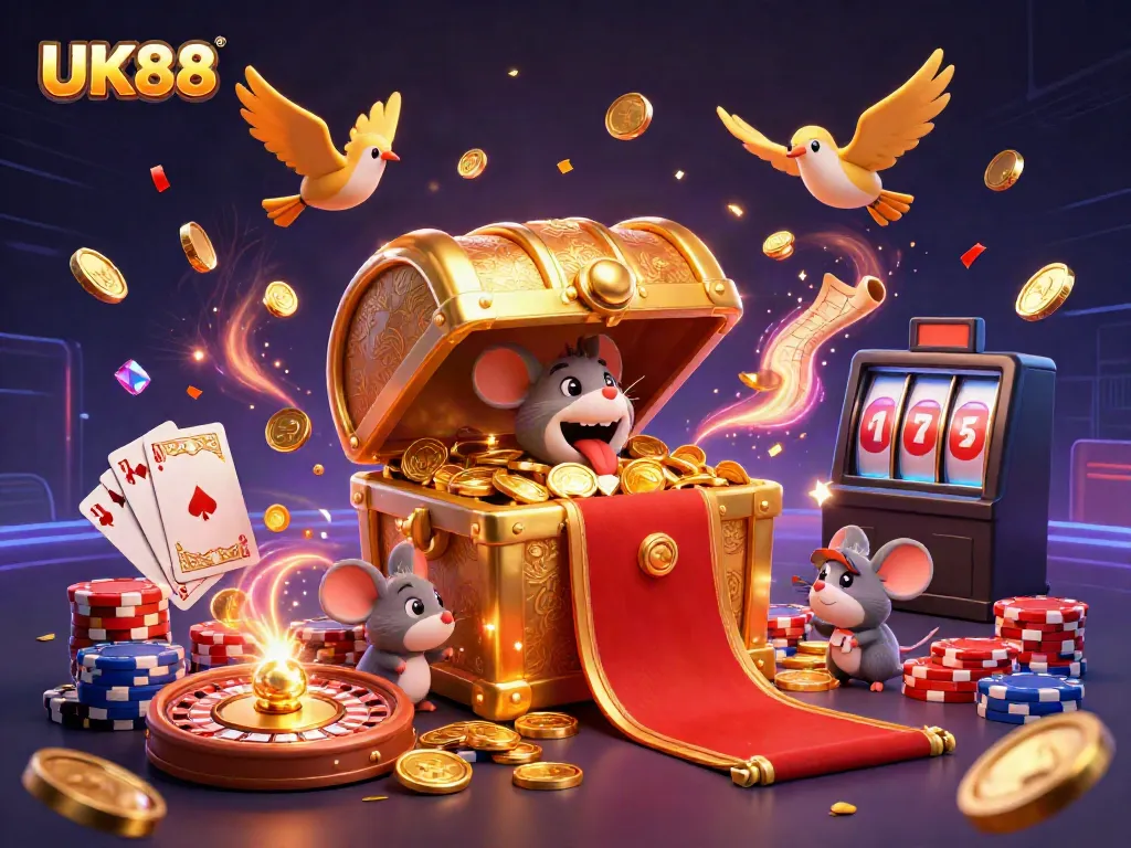 Experience the excitement of UK88 with golden treasures and dynamic casino elements in 3D!