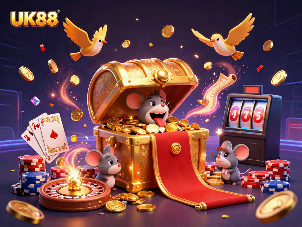 Experience the excitement of UK88 with golden treasures and dynamic casino elements in 3D!