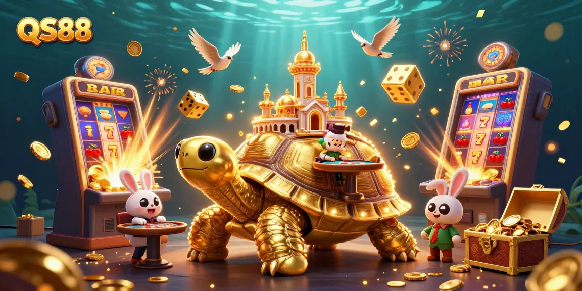 Experience the excitement of QS88 with a vibrant 3D casino scene featuring dynamic characters and slot machine jackpots.