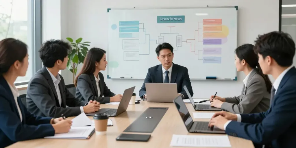 Professionelles Leipziger Inkasso-Team bei strategischen Besprechungen in einem modernen Büro.
