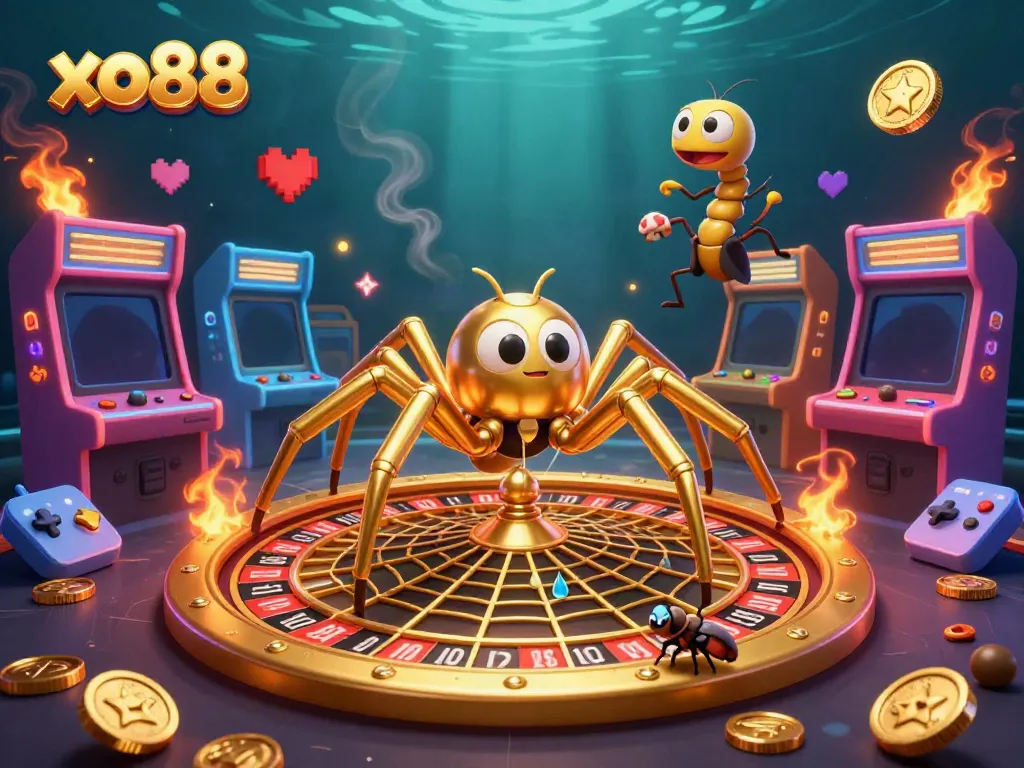 Experience thrilling betting at xo88 with a 3D spider spinning a roulette wheel web and colorful game elements.