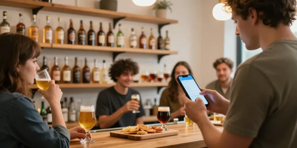Freunde genießen Getränke und scannen mit der Bier App in einer gemütlichen Bar.