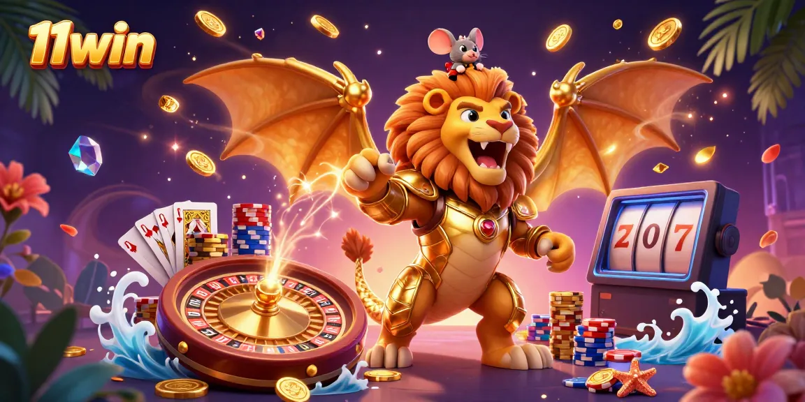 Engage in thrilling gaming with 11win featuring a golden chimera and sparkling casino elements.