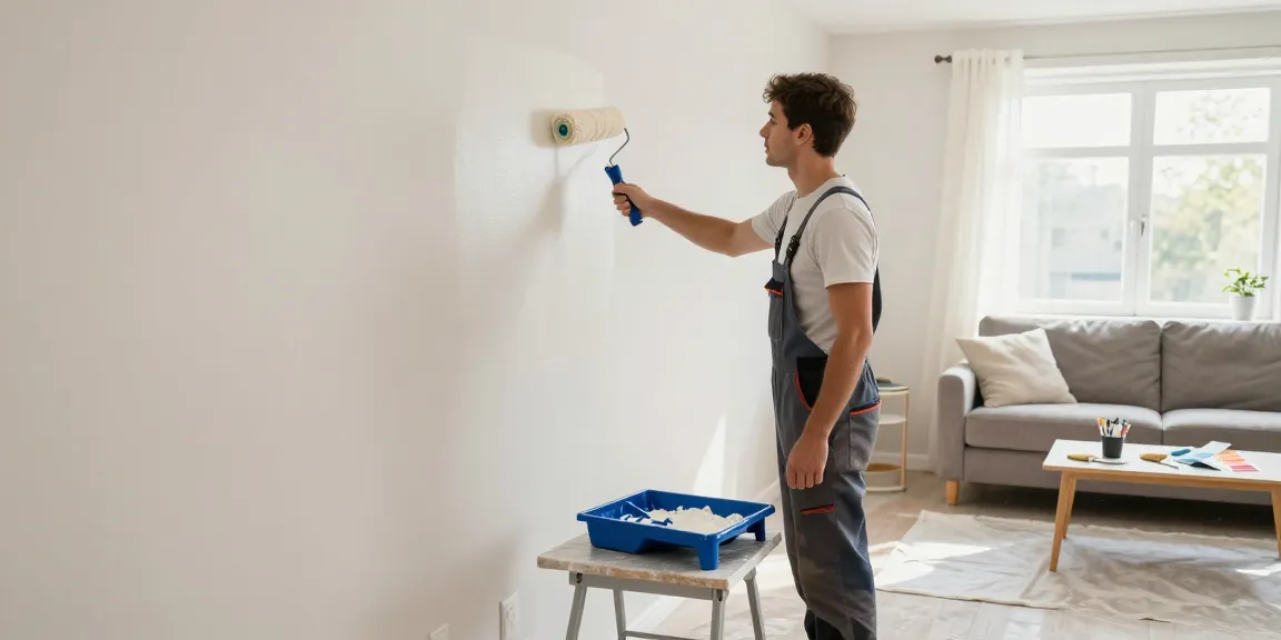 Maler Heidelberg bei der Arbeit in einem Wohnzimmer, frische Wandfarbe wird aufgetragen.