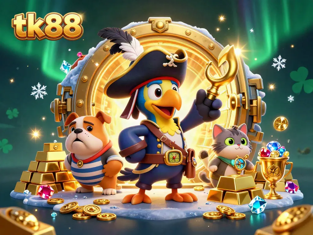 Engage in tk88 casino fun with a pirate captain, bulldog first mate, and cat navigator amidst treasures.