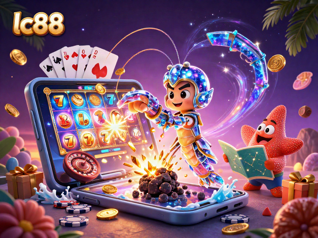 Experience excitement with lc88 as the mantis shrimp punches through golden gem-filled asteroids in a vibrant casino scene.