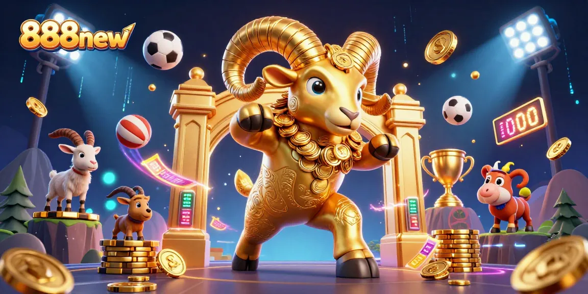 Experience the excitement of 888new with a dynamic sports betting 3D illustration, featuring a golden ram charging through a vibrant casino