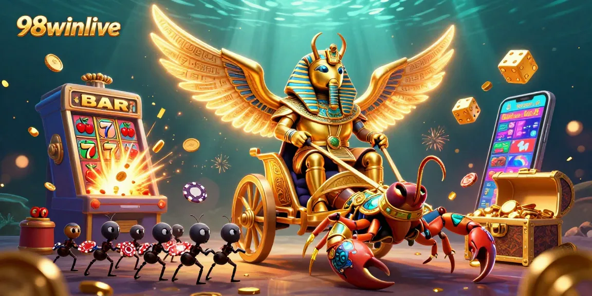 Experience thrilling wins with 98winlive's vibrant gaming illustrations of slot machines and poker adventures.