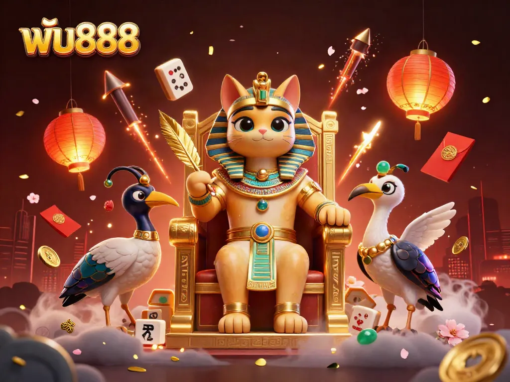 ฟัน888 features a vibrant casino scene with a pharaoh cat, ibis, and festive elements dynamically promoting gaming.
