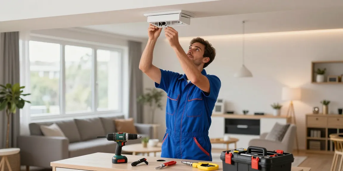 Elektriker in Dortmund installiert moderne Beleuchtung in einem hellen Wohnraum, umgeben von Werkzeugen.