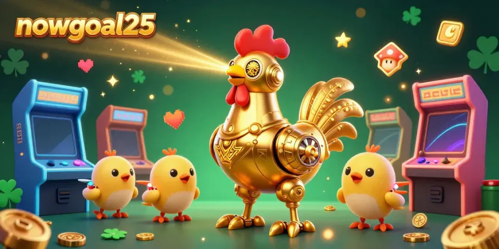 Join the excitement with nowgoal25, a vibrant 3D illustration of a golden rooster robot shooting lasers, reflecting a dynamic gaming casino atmosphere.