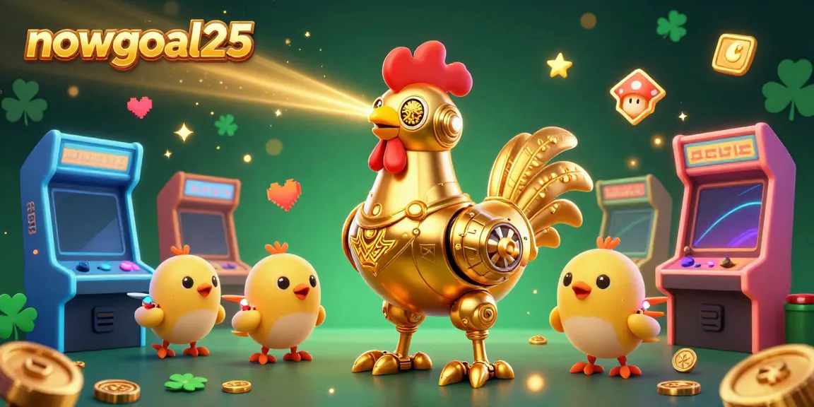 Join the excitement with nowgoal25, a vibrant 3D illustration of a golden rooster robot shooting lasers, reflecting a dynamic gaming casino atmosphere.