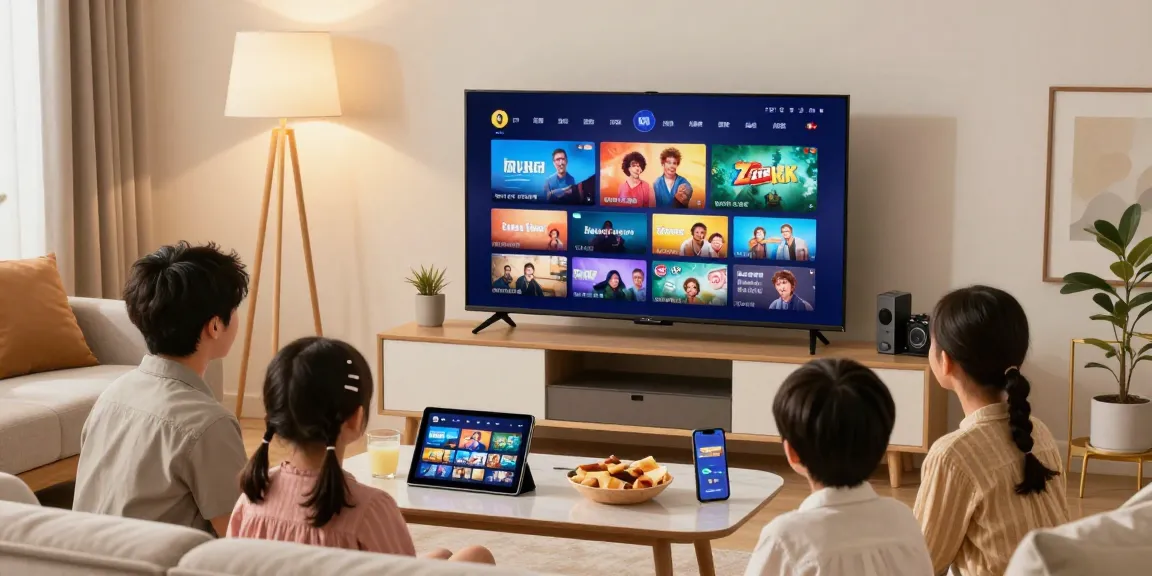 iptv kaufen: Familie im Wohnzimmer genießt IPTV auf Smart TV mit Snacks und gemütlicher Atmosphäre.