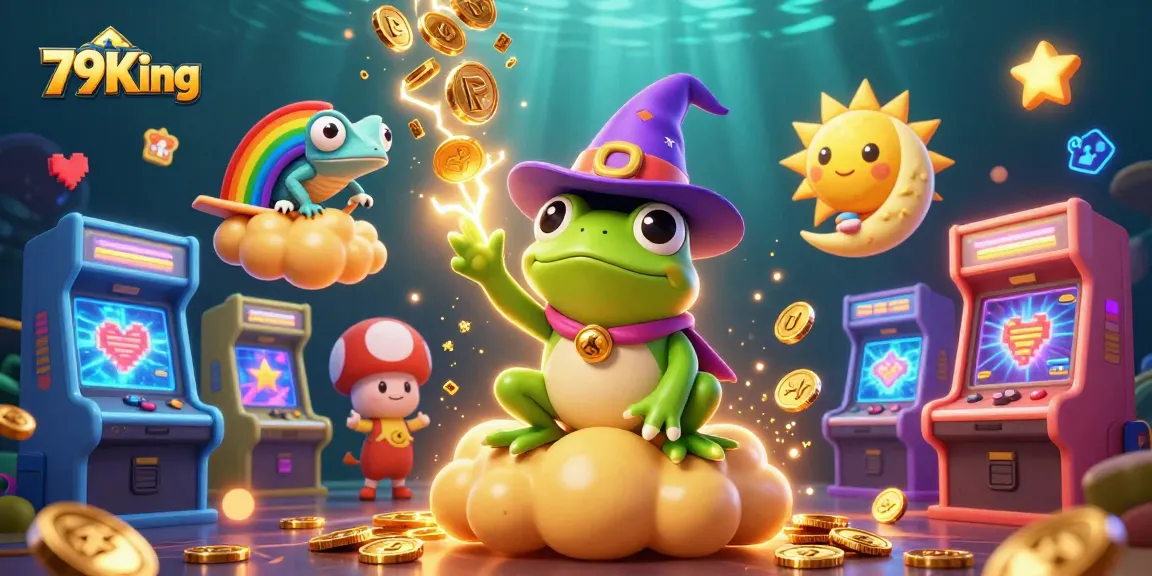 79King offers electrifying gaming action with vibrant characters and golden coins surrounding a magical atmosphere