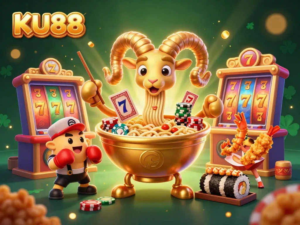 Win big at KU88 with the giant ramen bowl dealer and vibrant casino motifs in 3D!