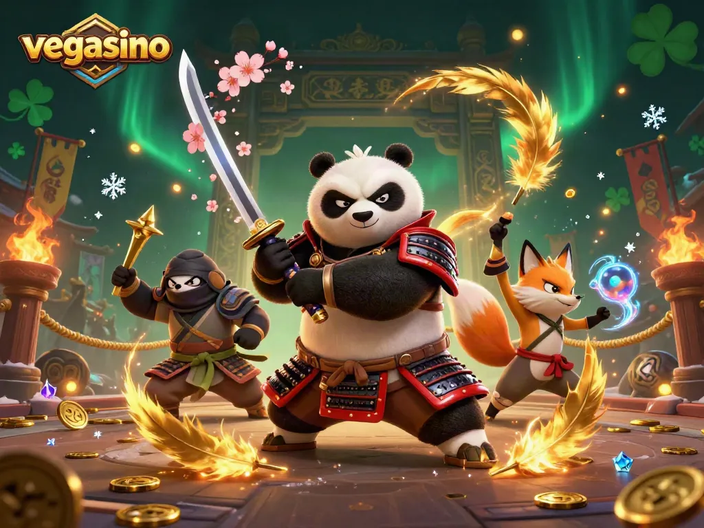 Engage with vegasino's dynamic gaming experience featuring an energetic 3D samurai panda, ninja fox, and spirit tanuki.