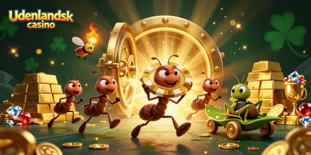 Cartoon ants pulling a giant poker chip in a vibrant casino heist scene showcasing udenlandsk casino action.