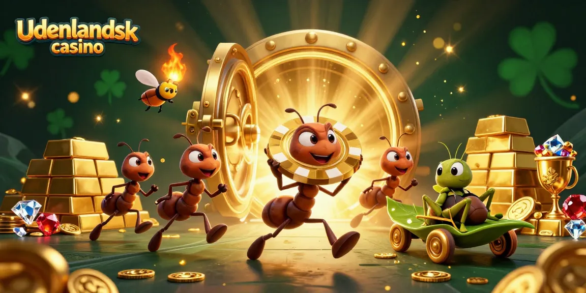 Cartoon ants pulling a giant poker chip in a vibrant casino heist scene showcasing udenlandsk casino action.