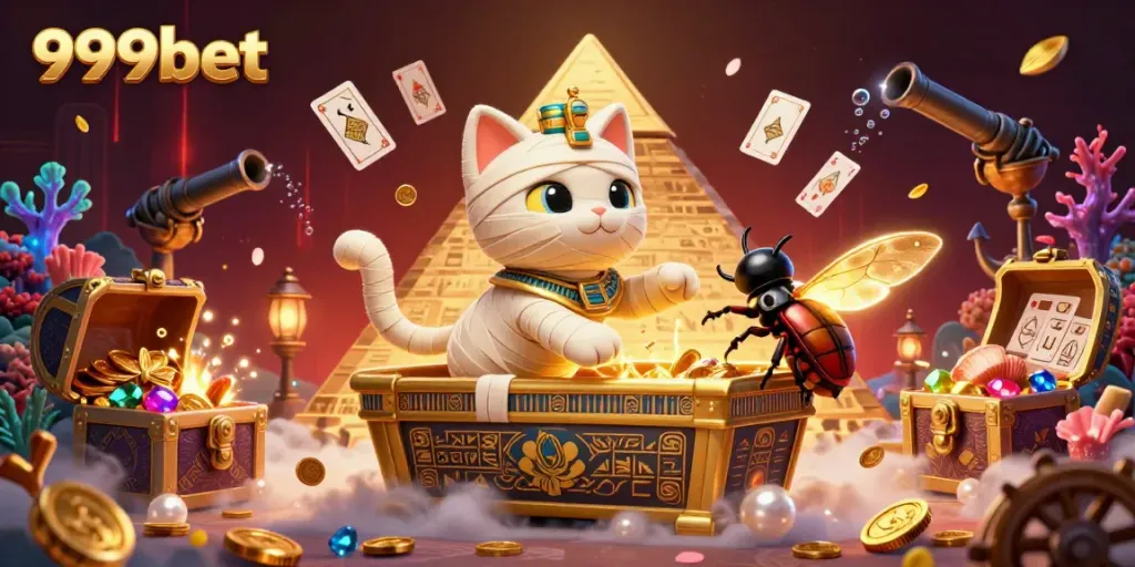 Experience the thrilling world of 999bet with an illustrated Egyptian mummy cat and vibrant casino elements!