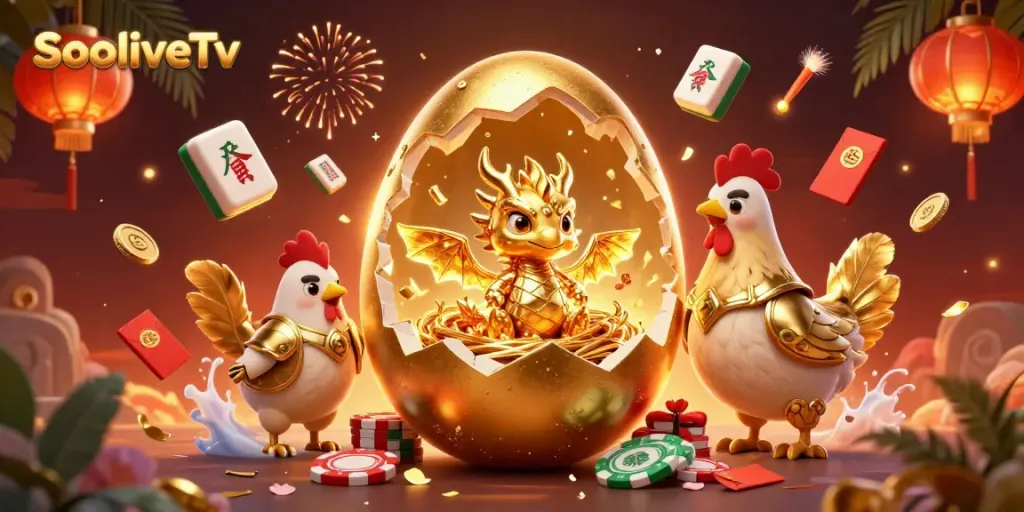 Engage with SocoliveTv's vibrant atmosphere as a golden baby dragon guards poker chips against a festive backdrop.