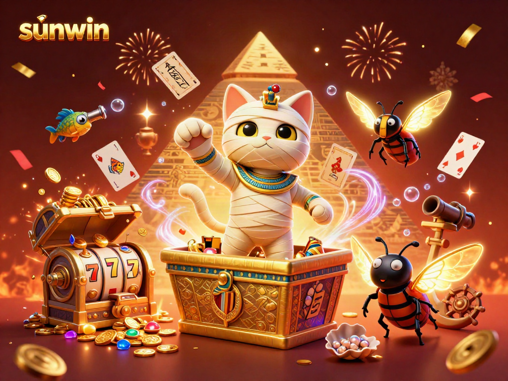 Experience the thrill of sunwin with a daring Egyptian mummy cat in a vibrant casino adventure.