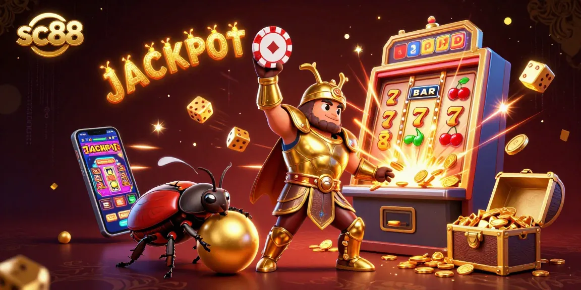 Celebrating a win with sc88, cartoon beetles in a vibrant casino scene surrounded by jackpot elements.