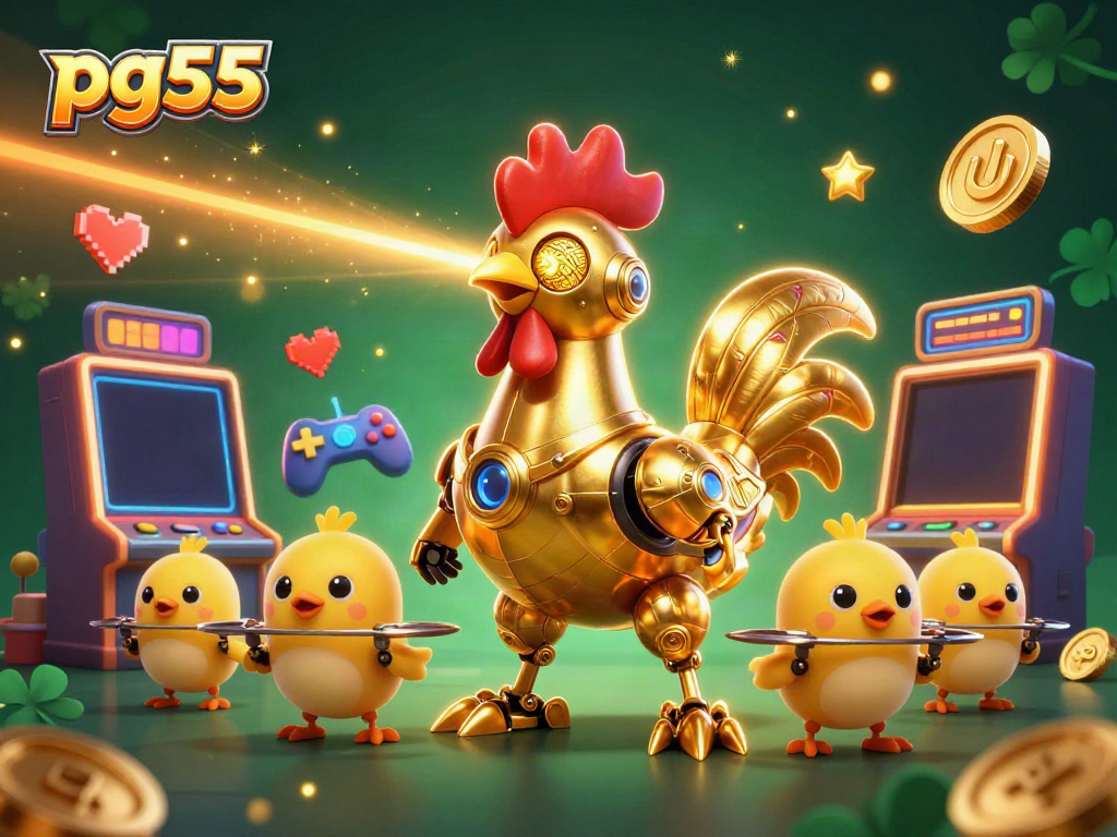 Spin the reels with pg55 in this vibrant casino-themed 3D illustration featuring playful characters.