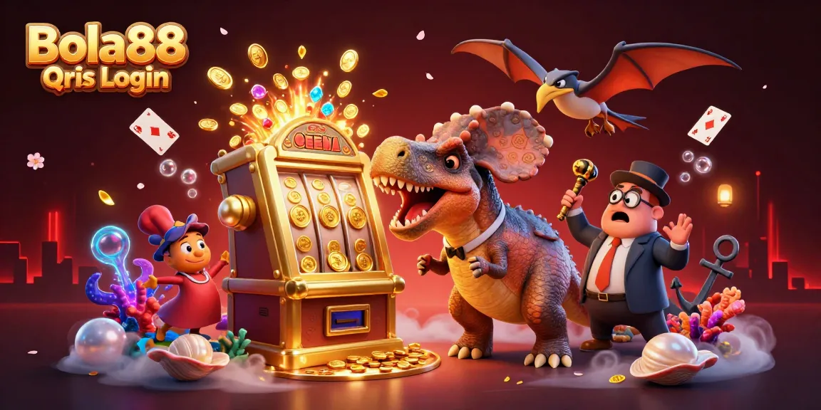 Bola88 Qris Login showcases a playful 3D dinosaur scene celebrating casino jackpots and excitement.